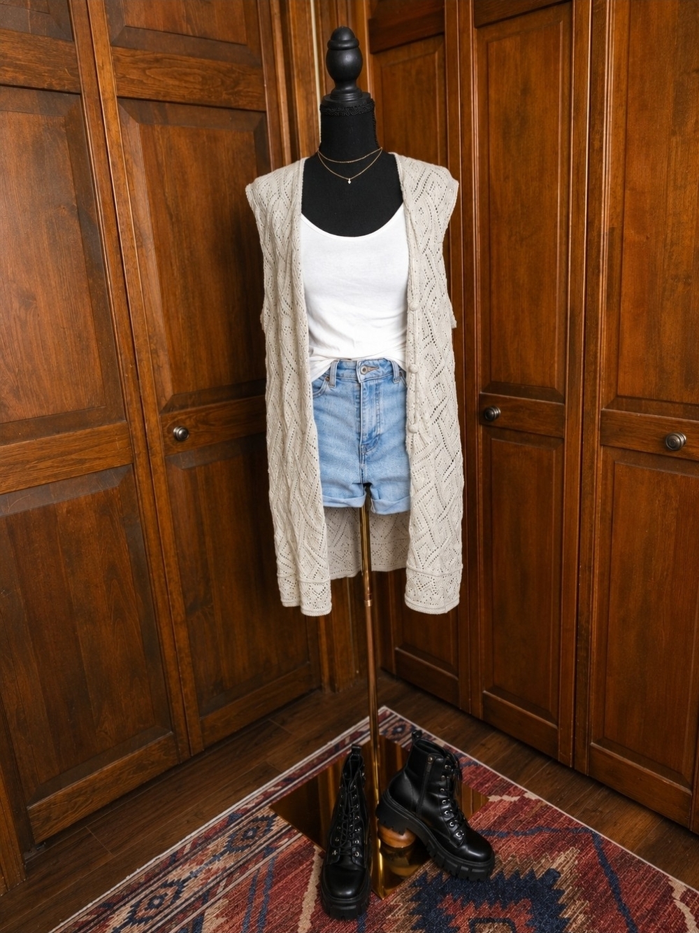 Long Open Knit Vest in Beige/ Light Green